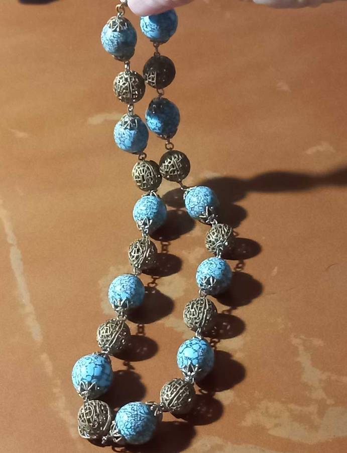 Antique Czech Turquoise with Gold Hubbell Glass Beads and Bronze Ball Filigree Attachments