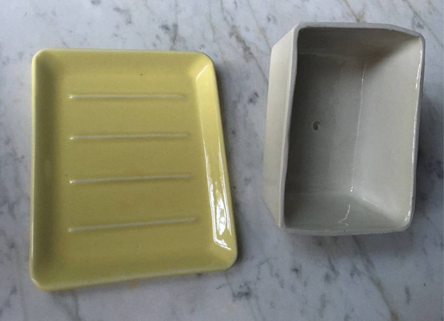 Art Deco ceramic butter dish with yellow base