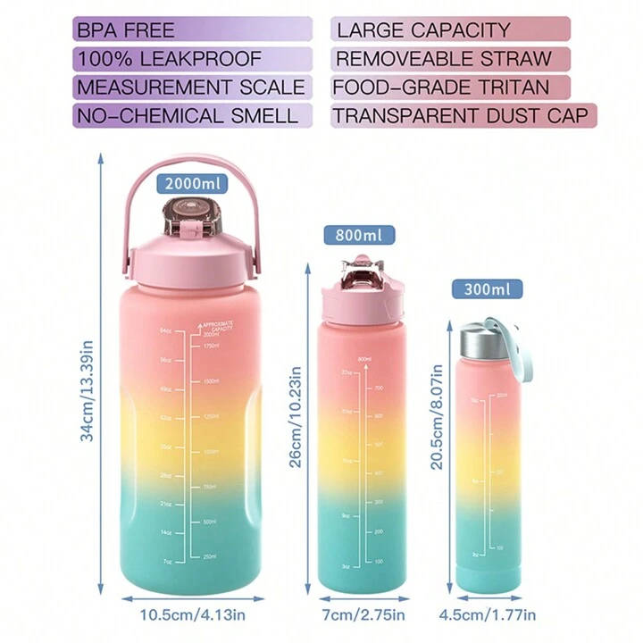 3 Piece Water Bottle Motivational bottle set