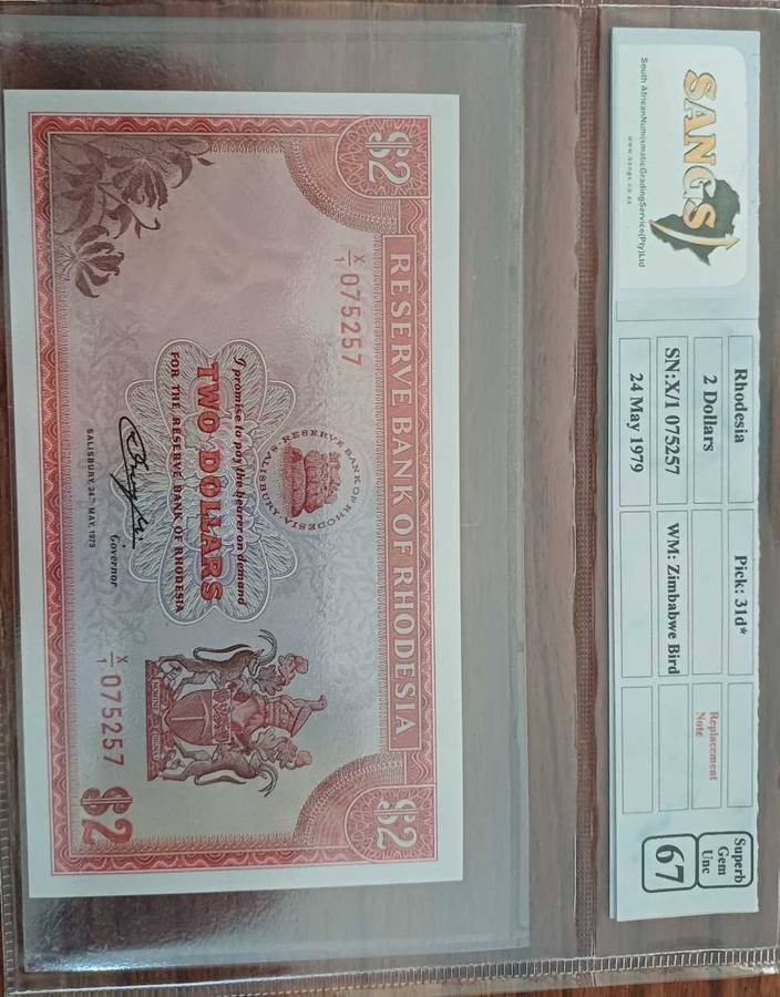 Grsded Unc 67 Two Rhodesia Replacement Dollar by Sangs high grade