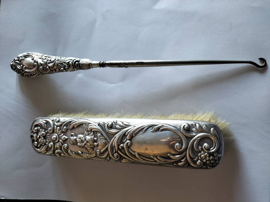 Silver Handle Button Hook & Silver Clothes Brush