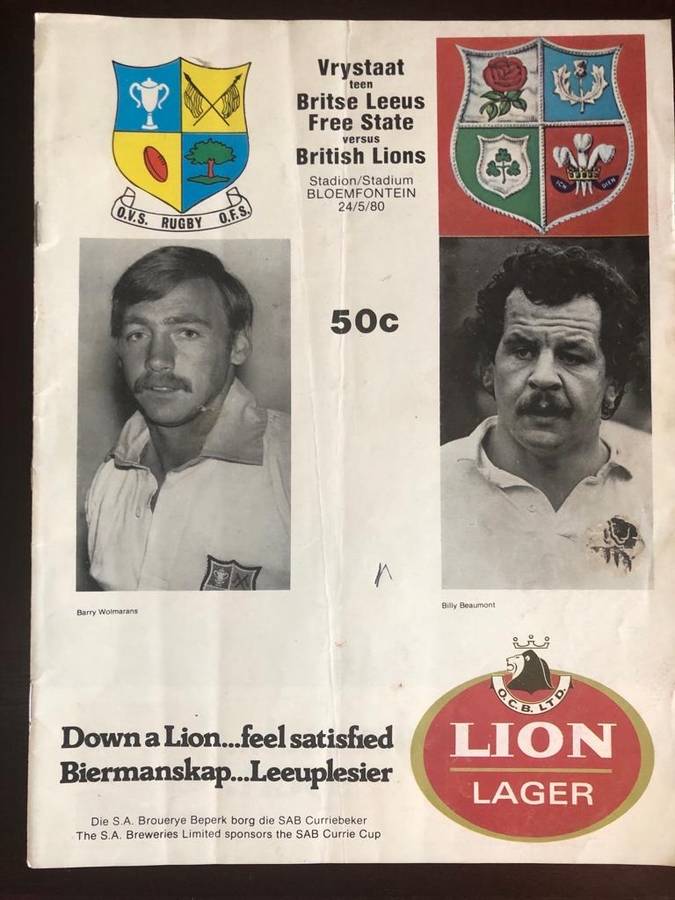 Free State vs British Lions rugby matchday programme 1980