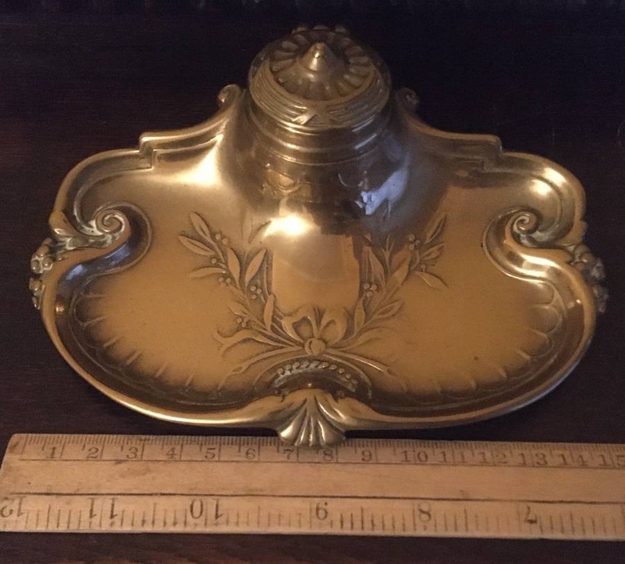 Art Nouveau decorative brass ink stand