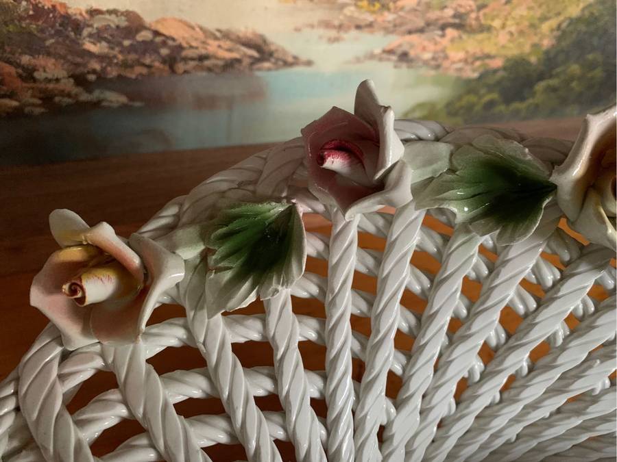 Huge woven pottery basket decorated with roses