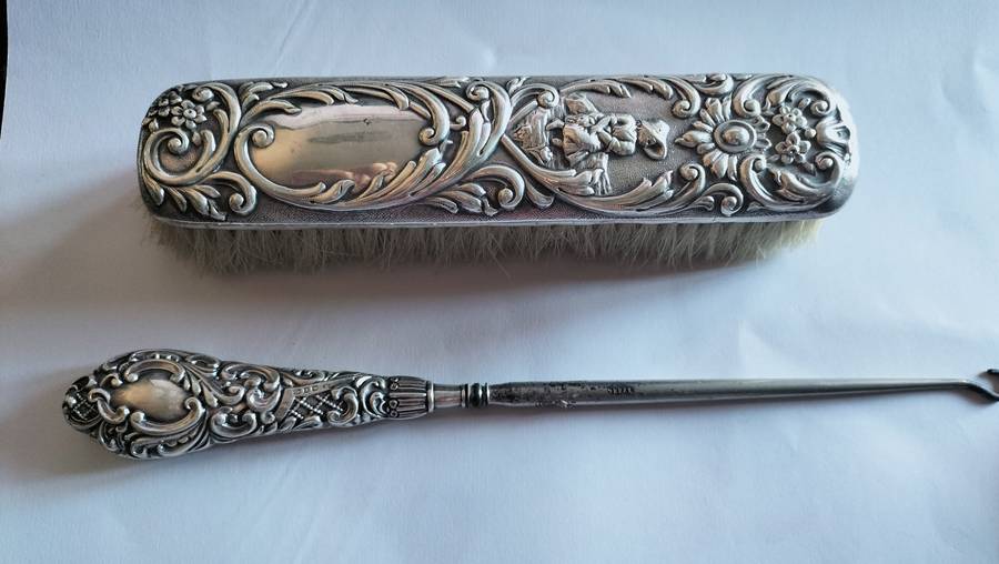 Silver Handle Button Hook & Silver Clothes Brush