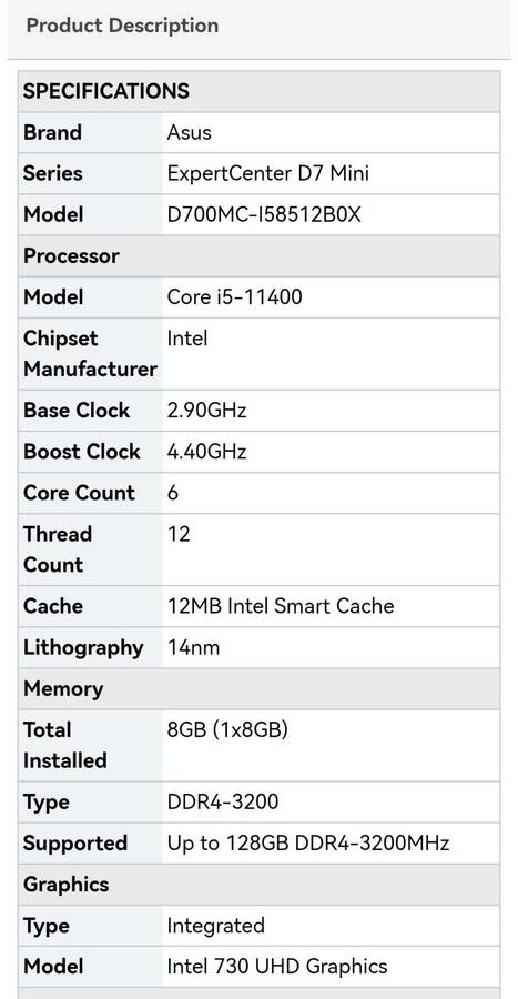 i5 11400 - ASUS Expertcenter D7 Mini-Tower
