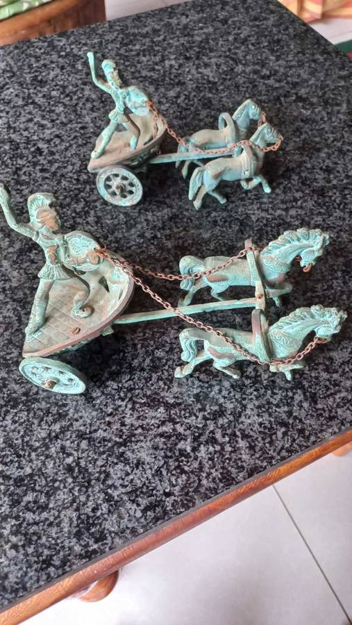 Vintage aged brass sculptures Ancient Greek Roman Mythology Achilles Chariot