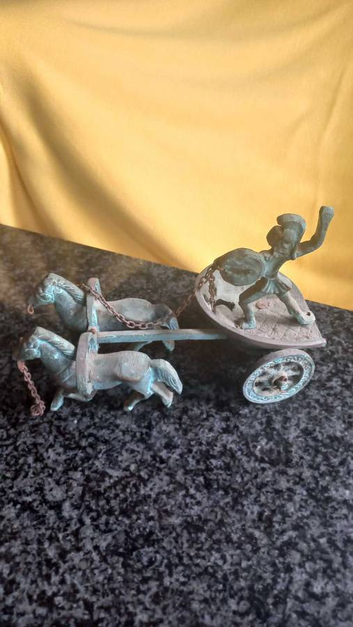 Vintage aged brass sculptures Ancient Greek Roman Mythology Achilles Chariot