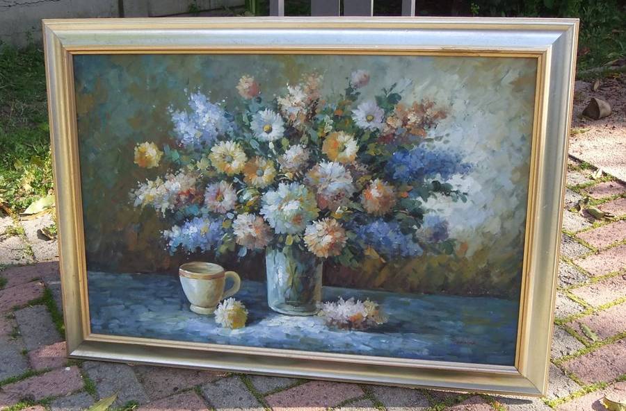 Large Framed Original Still Life Oil on Board Painting Signed T Demar