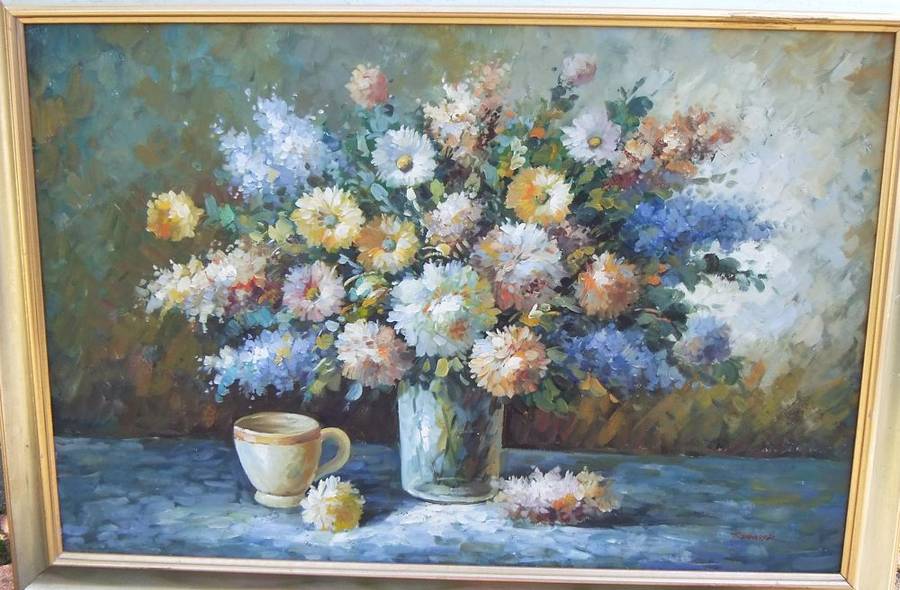 Large Framed Original Still Life Oil on Board Painting Signed T Demar