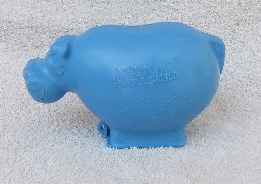 COOL FIND !! A VINTAGE 1980`s MONEY BOX MADE FOR ALLIED BANK - HENRIETTA THE HIPPO !! BILINGUAL