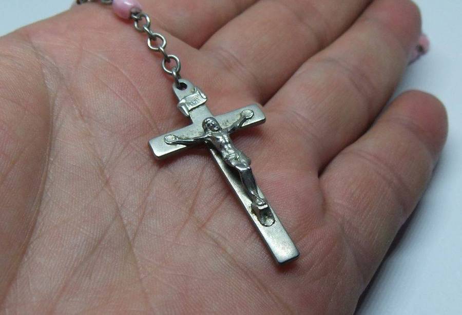 A lovely vintage French made rosary with pink opaline glass beads