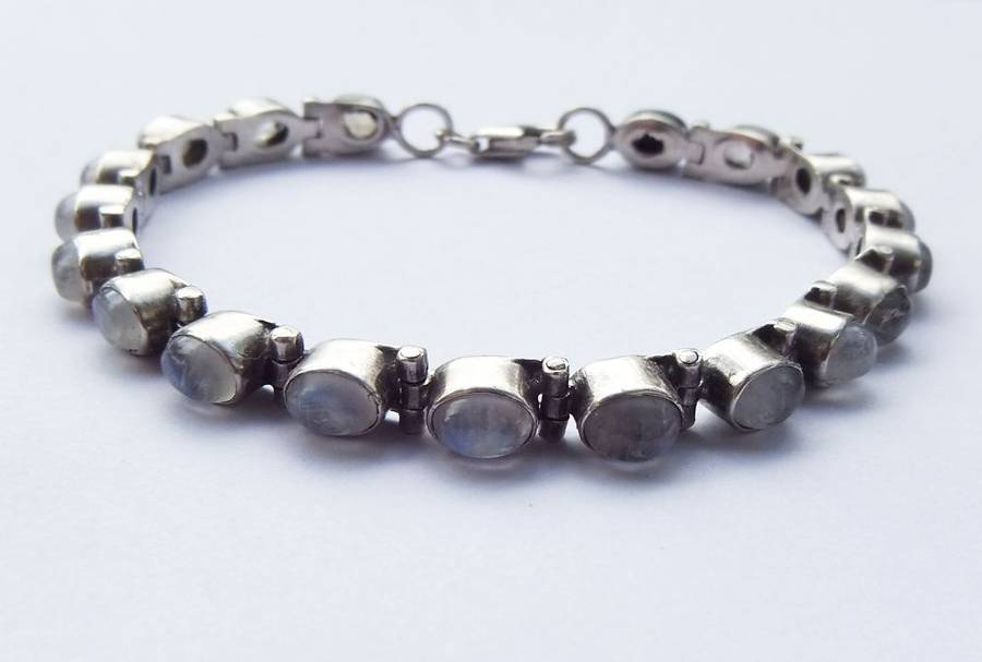 WOW !! AN AWESOME SOLID STERLING SILVER HINGED BRACELET SET WITH CABOCHON MOONSTONES !!