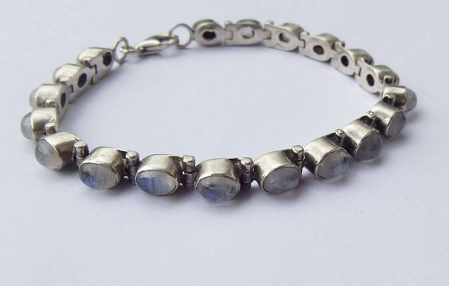 WOW !! AN AWESOME SOLID STERLING SILVER HINGED BRACELET SET WITH CABOCHON MOONSTONES !!