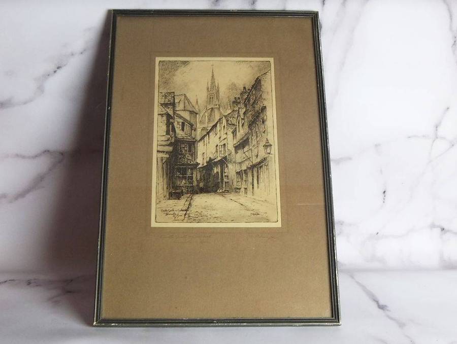 An antique etching of Castle Garth Cathedral Newcastle titled and signed by the artist F.Robson