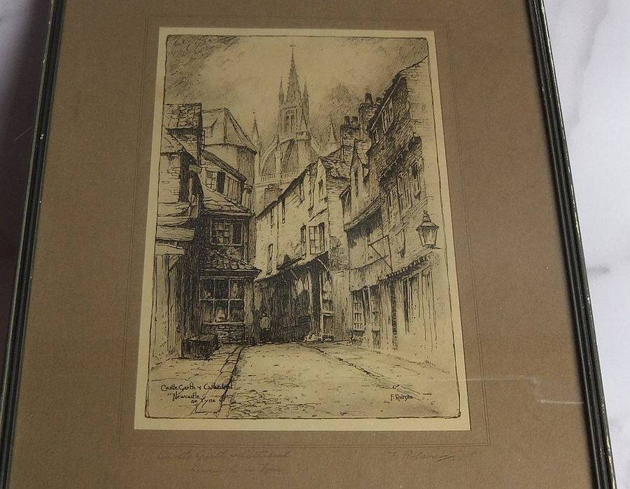 An antique etching of Castle Garth Cathedral Newcastle titled and signed by the artist F.Robson