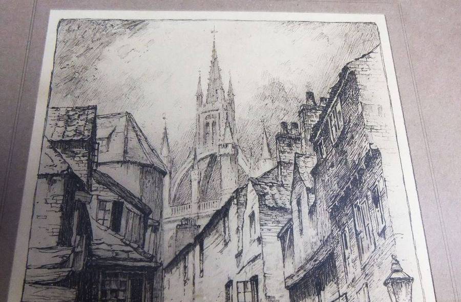 An antique etching of Castle Garth Cathedral Newcastle titled and signed by the artist F.Robson