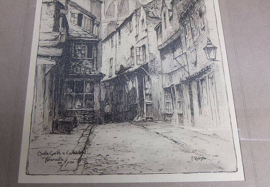 An antique etching of Castle Garth Cathedral Newcastle titled and signed by the artist F.Robson