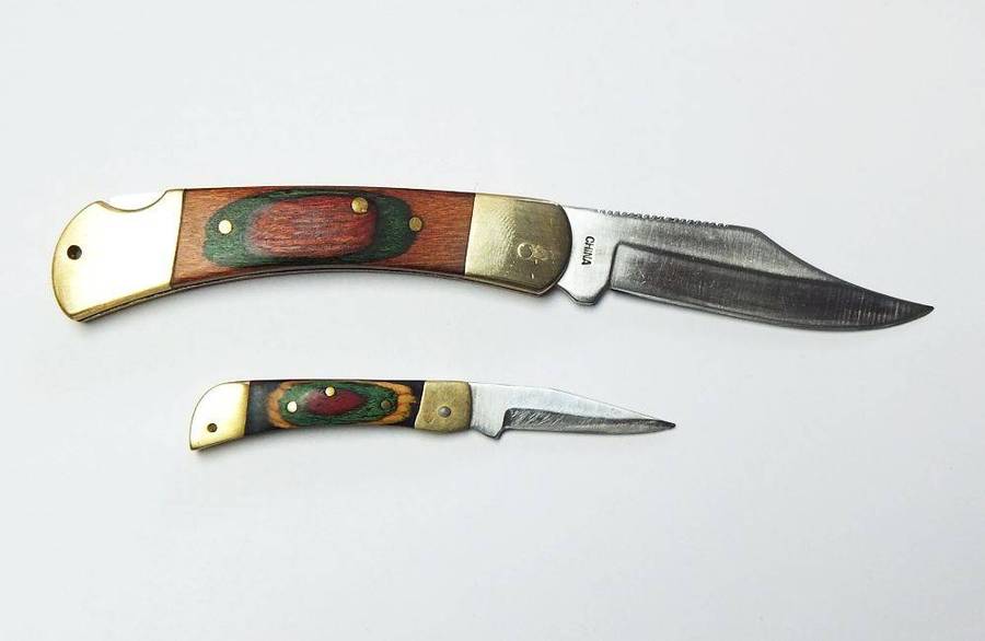 Two vintage heavy quality brass and wood lock blade folding pocket knives