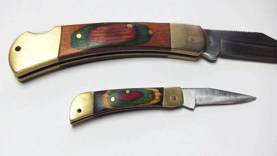 Two vintage heavy quality brass and wood lock blade folding pocket knives