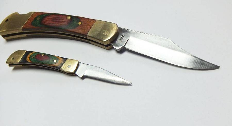 Two vintage heavy quality brass and wood lock blade folding pocket knives