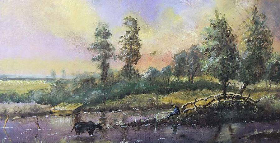 A BEAUTIFULLY FRAMED ORIGINAL OIL ON BOARD LANDSCAPE PAINTING SIGNED BY THE ARTIST J.H. MOS