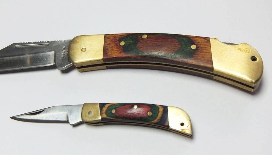 Two vintage heavy quality brass and wood lock blade folding pocket knives