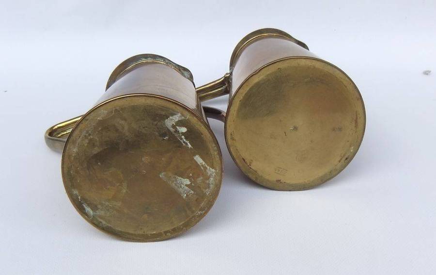 A rare pair of Art Nouveau era brass water jugs by Joseph Sankey & Sons with hinged lids