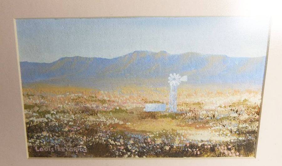 An original signed mixed medium Namaqualand scene painting by South African artist Louis Pretorius