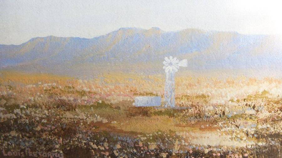 An original signed mixed medium Namaqualand scene painting by South African artist Louis Pretorius
