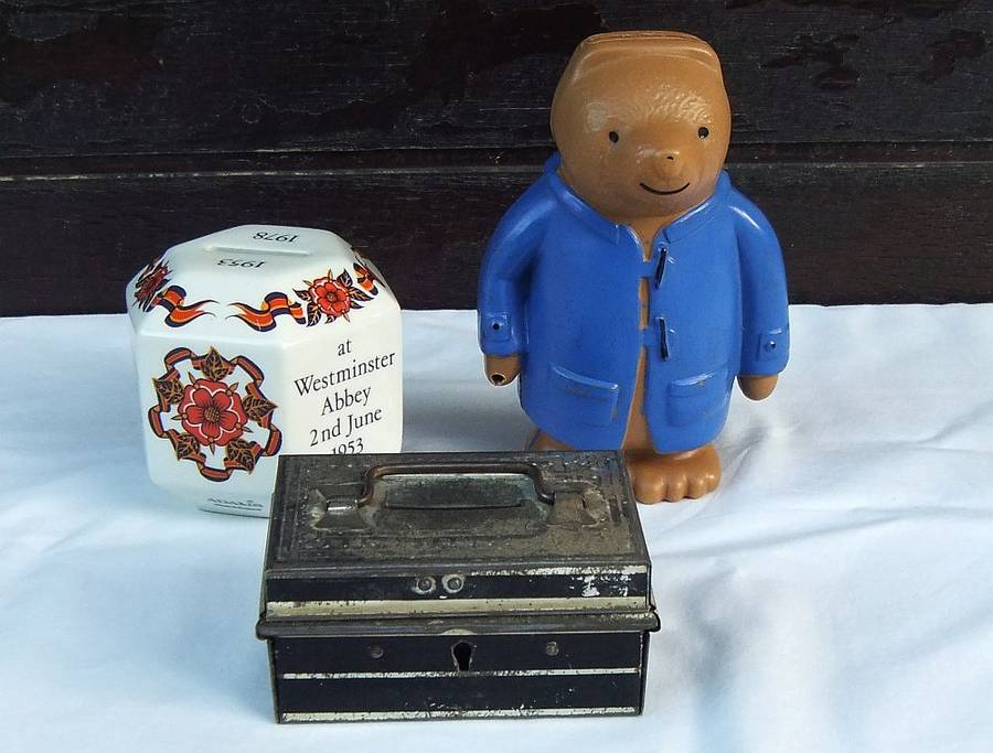 TOO SWEET !! THREE VINTAGE MONEY BOXES - TIN METAL , ROYAL COMMEMORATIVE AND A 1977 PADDINGTON