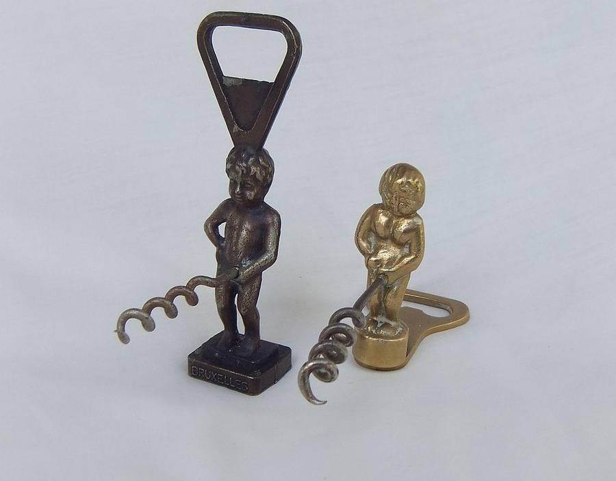 TWO TOTALLY CUTE VINTAGE "BOY FROM BRUSSELS" CORKSCREWS - ONE WITH BOTTLE OPENER TOO !!