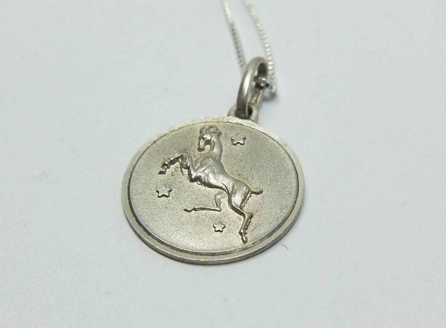 A vintage sterling silver Capricorn Zodiac sign pendant with a sterling silver necklace