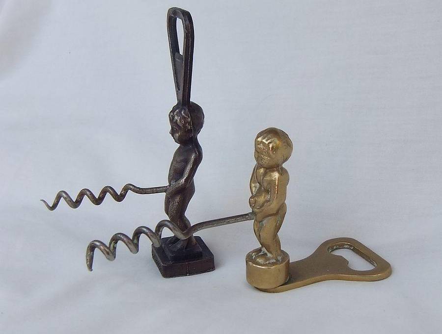 TWO TOTALLY CUTE VINTAGE "BOY FROM BRUSSELS" CORKSCREWS - ONE WITH BOTTLE OPENER TOO !!