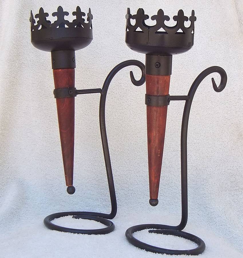 A MAGNIFICENT MEDIEVAL LOOKING PAIR OF OLYMPIC FLAME STYLE CANDLEHOLDERS !! WOW !!