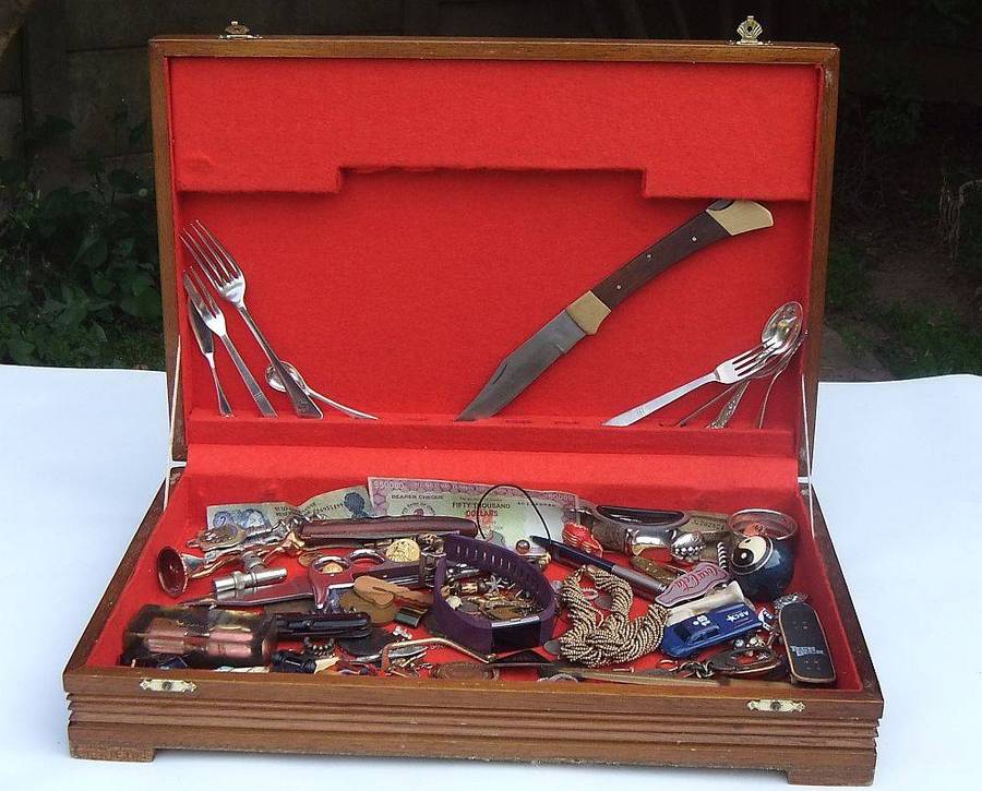 A large vintage wooden canteen box with a variety of useful spares and collectables