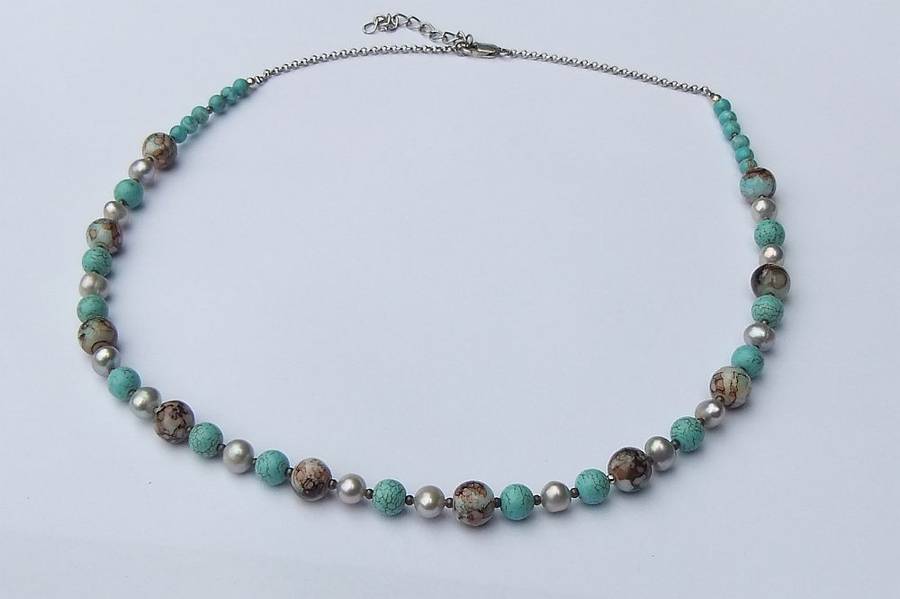 ONE OF A KIND !! A STERLING SILVER NECKLACE WITH GENUINE PEARLS , TURQUOISE ORBS AND OTHER GEMS
