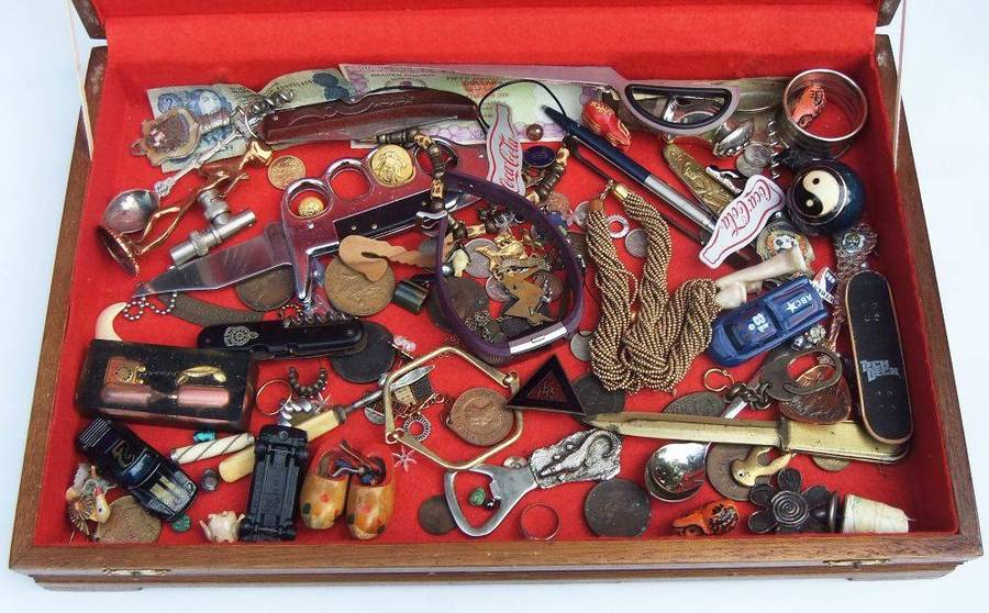 A large vintage wooden canteen box with a variety of useful spares and collectables