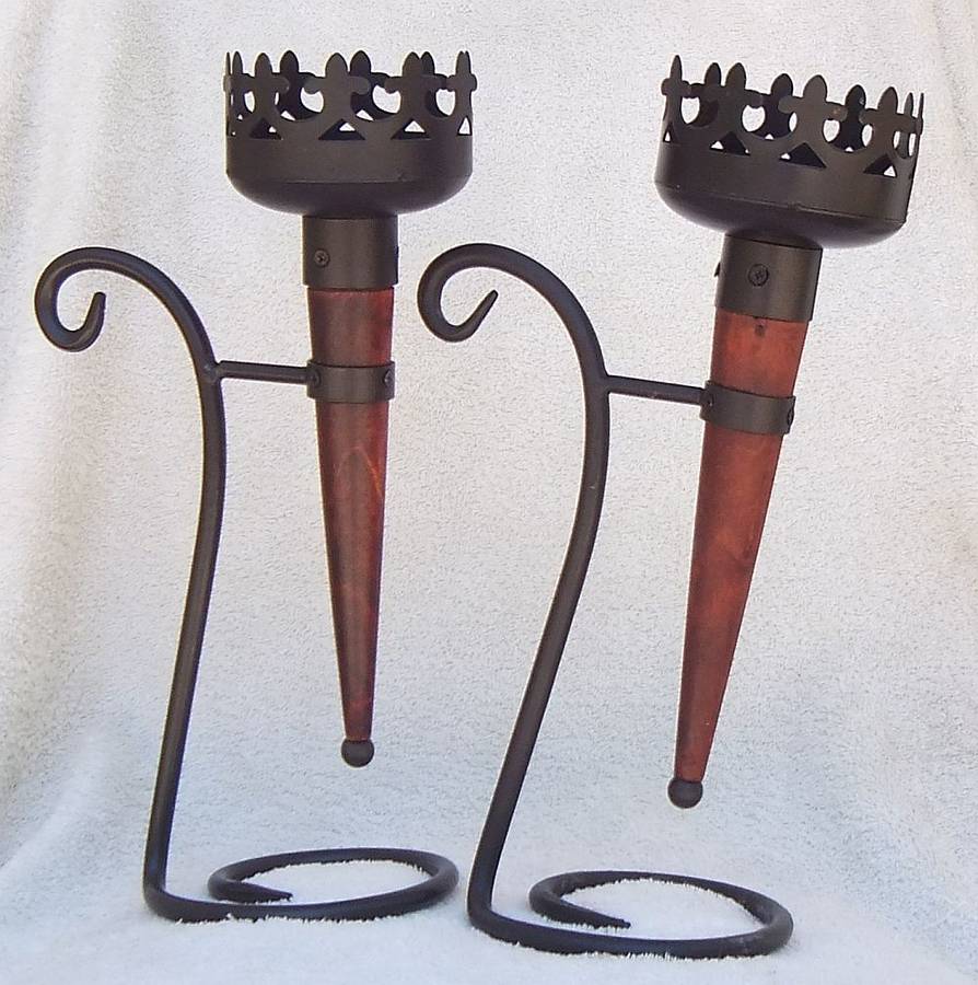 A MAGNIFICENT MEDIEVAL LOOKING PAIR OF OLYMPIC FLAME STYLE CANDLEHOLDERS !! WOW !!