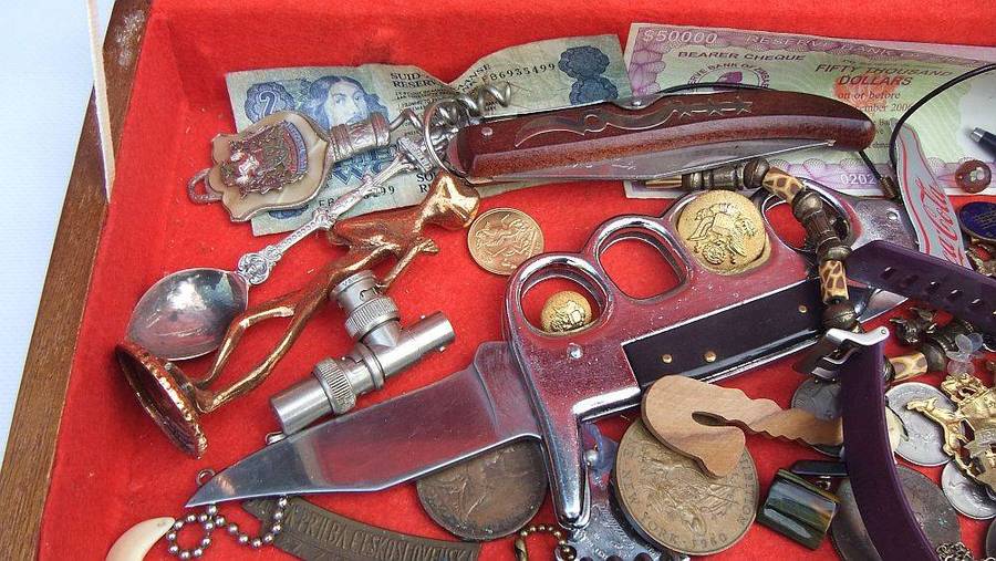 A large vintage wooden canteen box with a variety of useful spares and collectables