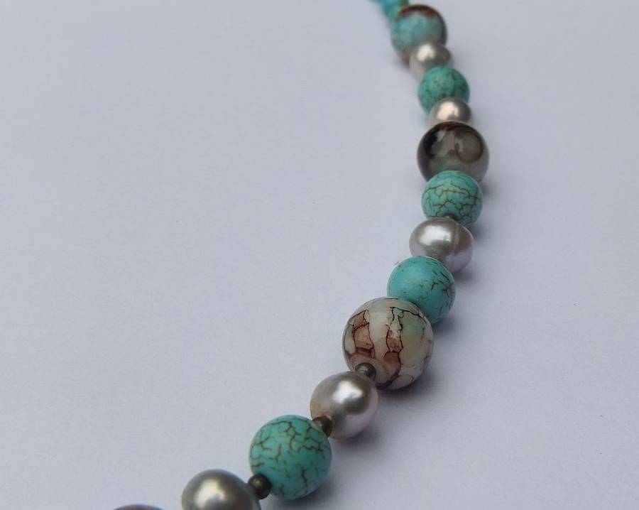 ONE OF A KIND !! A STERLING SILVER NECKLACE WITH GENUINE PEARLS , TURQUOISE ORBS AND OTHER GEMS