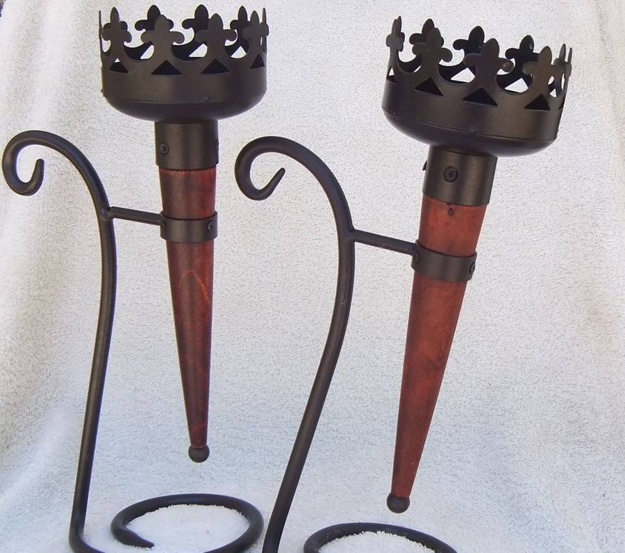 A MAGNIFICENT MEDIEVAL LOOKING PAIR OF OLYMPIC FLAME STYLE CANDLEHOLDERS !! WOW !!