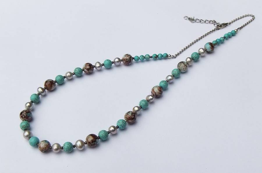 ONE OF A KIND !! A STERLING SILVER NECKLACE WITH GENUINE PEARLS , TURQUOISE ORBS AND OTHER GEMS