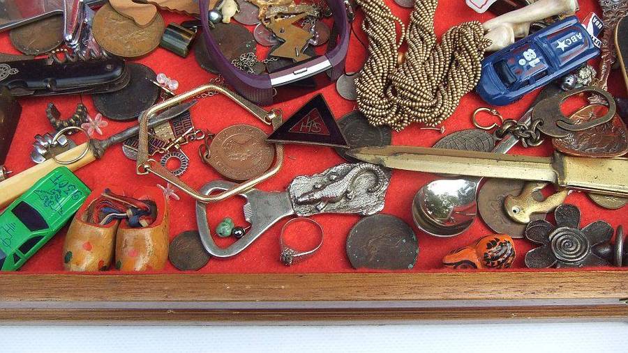 A large vintage wooden canteen box with a variety of useful spares and collectables