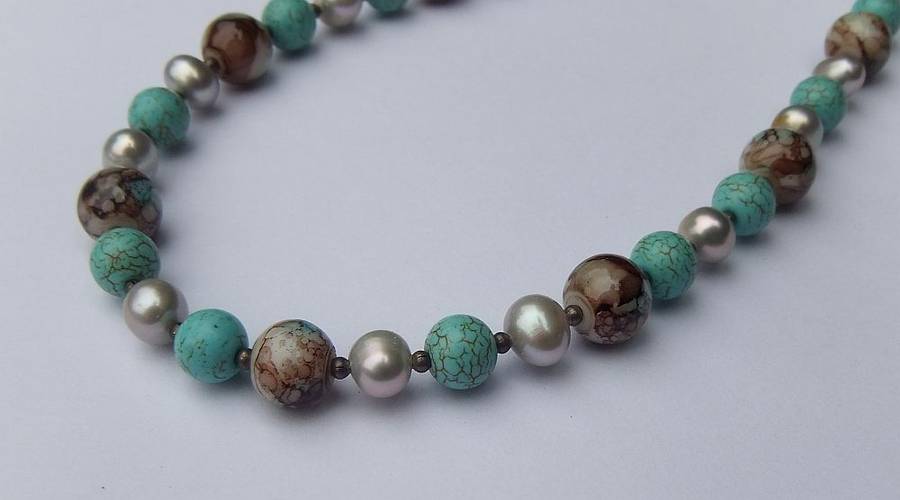 ONE OF A KIND !! A STERLING SILVER NECKLACE WITH GENUINE PEARLS , TURQUOISE ORBS AND OTHER GEMS