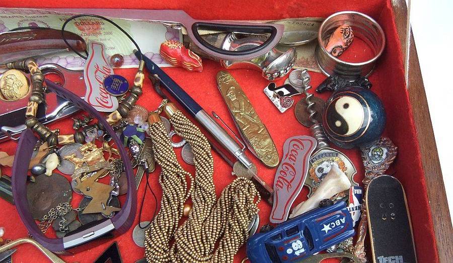 A large vintage wooden canteen box with a variety of useful spares and collectables