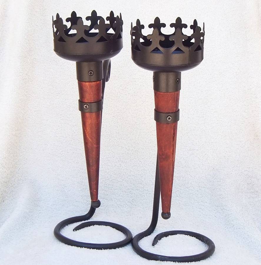 A MAGNIFICENT MEDIEVAL LOOKING PAIR OF OLYMPIC FLAME STYLE CANDLEHOLDERS !! WOW !!