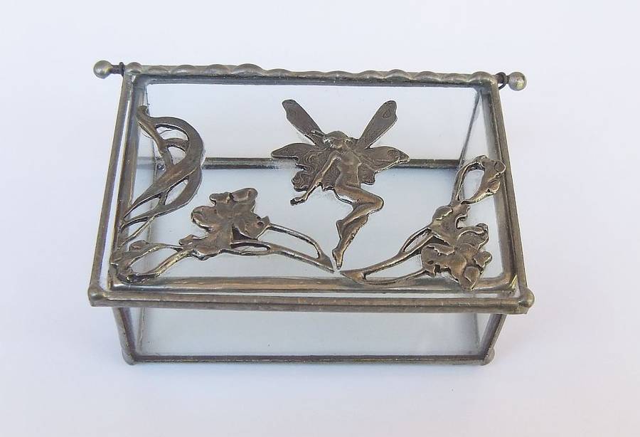A VINTAGE LEAD AND GLASS TRINKET BOX WITH FAIRY MOTIF AND ART NOUVEAU PATTERN