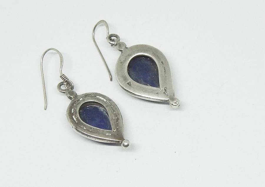 WOW !! A HEAVY QUALITY PAIR OF STERLING SILVER EARRINGS SET WITH CABOCHON LAPIS LAZULI STONES !!