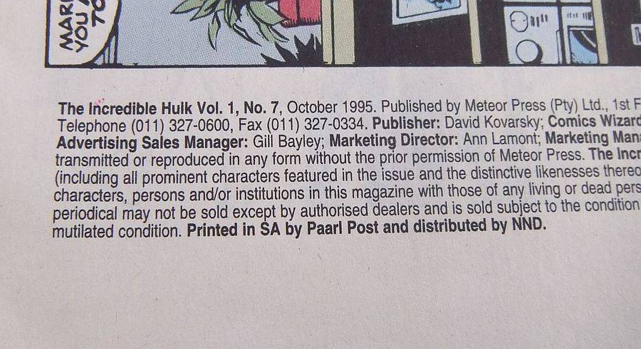 1994 Marvel Comics - The Incredible Hulk #7 ( South African issue )